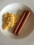 Breakfast: Chicken frankfurters and scrambled egg